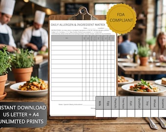 Food Allergy & Ingredient Matrix PDF - FDA Big 9 Allergen Tracker - Menu Planning Log - Restaurant Liability Protection - Printable Sheet