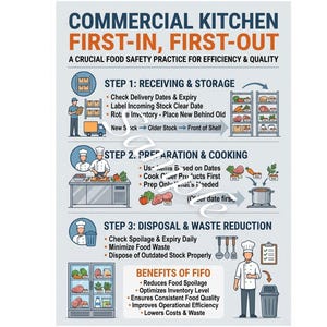 May include: A poster titled "Commercial Kitchen First-In, First-Out" with a food safety guide. It details receiving, preparation, cooking, and disposal steps. Includes illustrations of chefs, food storage, and cooking processes. The poster also lists the benefits of FIFO.
