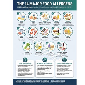 以下が含まれることがあります： 「The 14 Major Food Allergens」と題された教育用ポスター。牛乳、卵、グルテン、ピーナッツ、ナッツ類、魚、甲殻類、軟体動物、大豆、ゴマ、セロリ、マスタード、ルピン、二酸化硫黄および亜硫酸塩を示す番号付きの円形アイコンが並んでいます。