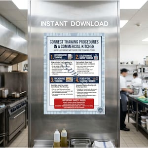 May include: A poster titled "Correct Thawing Procedures in a Commercial Kitchen" is displayed on a stainless steel surface. The poster outlines safe and hygienic methods for thawing food, including refrigerator, cold water, microwave, and cooking processes.