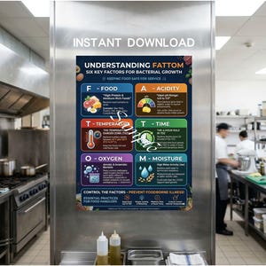 May include: A poster detailing the six key factors for bacterial growth, titled "Understanding FATTOM", displayed in a commercial kitchen. The poster covers food, acidity, temperature, time, oxygen, and moisture, with illustrations and text. The words "Instant Download" are at the top.