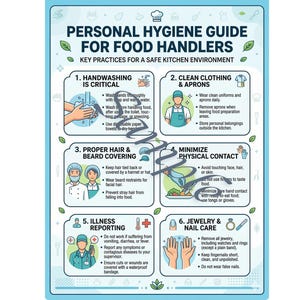 May include: An infographic in blue and white, titled "Personal Hygiene Guide for Food Handlers." It outlines key practices for a safe kitchen environment, such as handwashing, clean clothing, hair covering, and minimising physical contact.