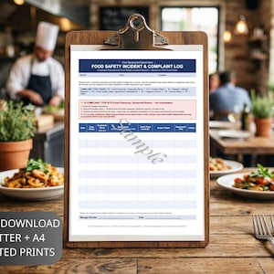 May include: A wooden clipboard holding a printed Food Safety Incident & Complaint Log form. The document features a blue header, a table for tracking incidents, and the word Sample written diagonally across the center in a light gray font.