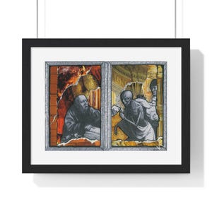 Puede incluir: Obra de arte enmarcada que presenta un díptico con un tema oscuro y gótico. El panel izquierdo representa a un monje leyendo, mientras que el derecho muestra una figura esquelética. La obra tiene un efecto de papel rasgado, en un marco negro.