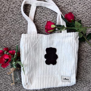 Creamy White Corduroy Tote Bag with Furry Bear Patch – Cozy Shoulder Bag