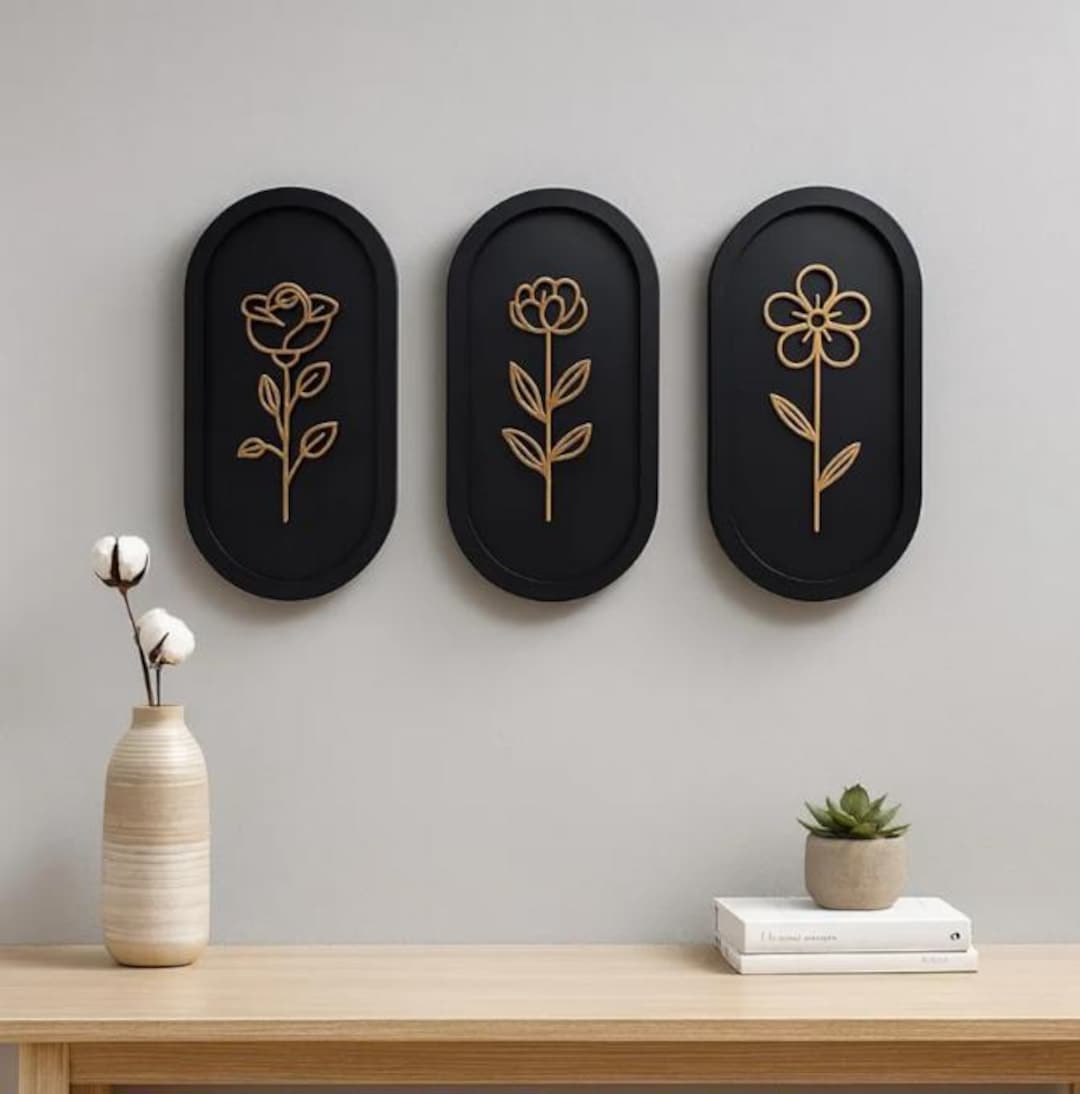 Floral Wooden Wall Art Set | Modern Home Decor, Black & Gold - Etsy