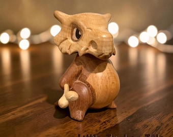 Natural Wood Pokémon Sculpture - Desk Collectible Gift Handcrafted Wooden Cubone Dinosaur Figurine