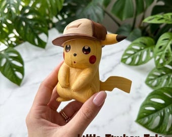Handcrafted Anime Desk Decor, Pokemon Fan Gift Collectible Pikachu Wooden Figurine with Cap