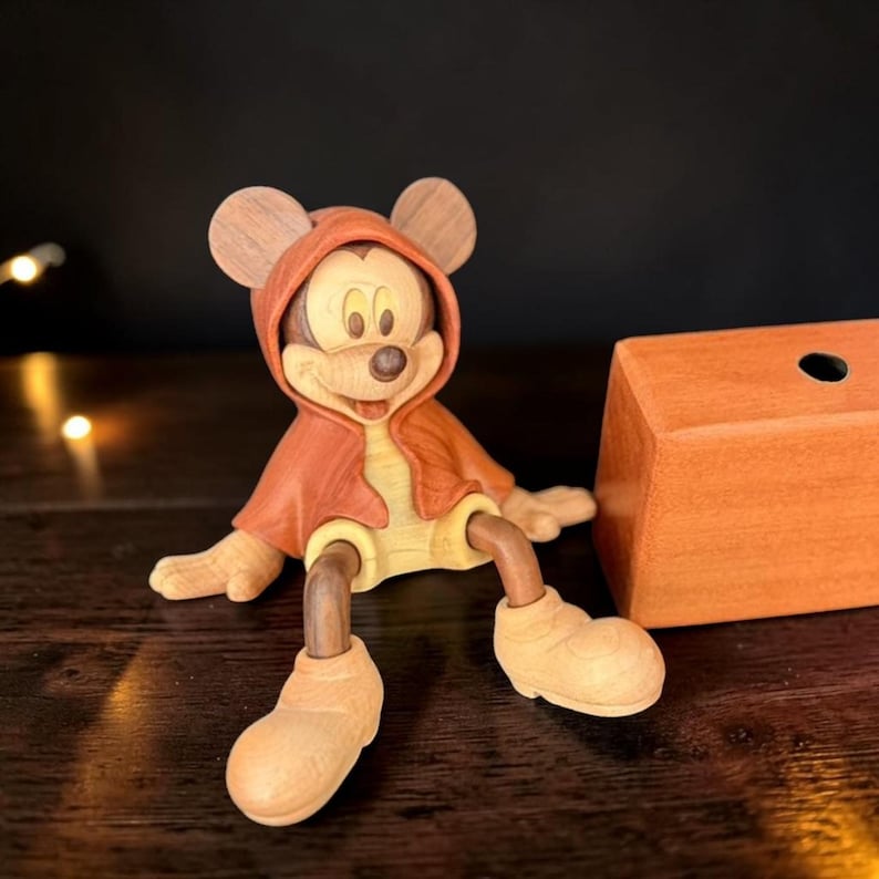 Handmade Wooden Collectible Home Decor Walnut Wood Mickey Mouse Sitting Figurine image 9