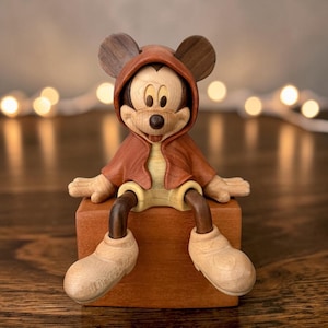 Handmade Wooden Collectible Home Decor Walnut Wood Mickey Mouse Sitting Figurine image 1