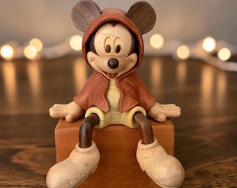 Handmade Wooden Collectible Home Decor Walnut Wood Mickey Mouse Sitting Figurine
