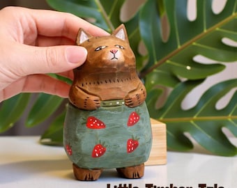 Hand Carved Wooden Cat Figurine, Linden Wood Animal Shelf Decor Gift