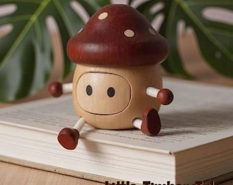 Hand Carved Wooden Mushroom Man Figurine, Solid Wood Desktop Ornament Gift Decor
