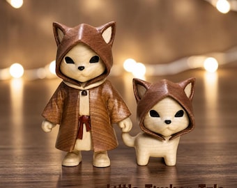 Samurai Cat & Puppy Wooden Figurines: Japanese Style Animal Decor