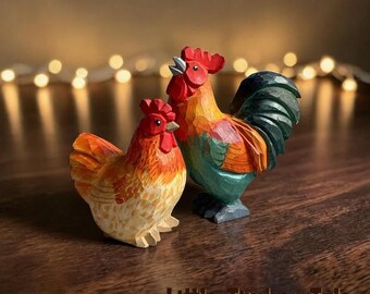 Hand Carved Wooden Rooster Hen Figurine Farmhouse Chicken Decor Rustic Kitchen Table Ornament