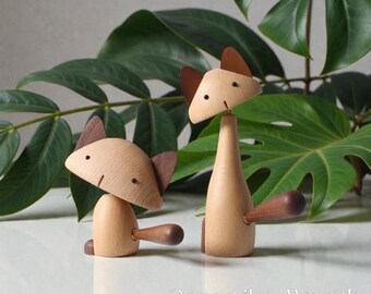 Handcrafted Wooden Cat Figurine, Minimalist Animal Decor, Beech & Walnut Wood Ornament, Modern Home Gift