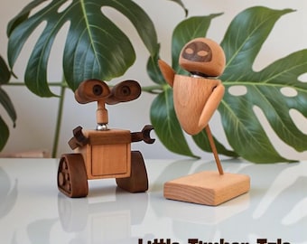 Hand Carved Wooden Robot Couple Figurine, Solid Wood Desk Decor Gift