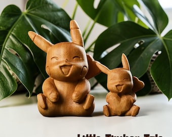 Hand Carved Sandalwood Pikachu Figurine, Wooden Anime Style Collectible Desk Decor