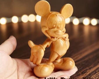 Hand Carved Cypress Wood Mouse Figurine Cartoon Character Desk Decor Gift Ornament
