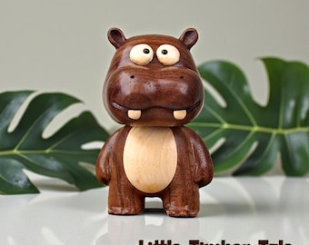Walnut Wood Hippo Figurine, Handmade Animal Desk Ornament, Small Wooden Collectible