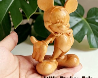 Hand Carved Cypress Wood Mouse Figurine Cartoon Character Desk Decor Gift Ornament