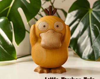 Anime Desk Decor, Wood Pokemon Collectible Art Handmade Boxwood Psyduck Figurine Pokemon Lover Gift