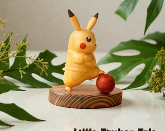 Handcrafted Boxwood Pikachu Figurine, Wooden Desk Ornament with Solid Wood Base