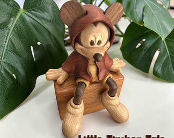 Handmade Wooden Collectible Home Decor Gift Walnut Wood Mickey Mouse Sitting Figurine