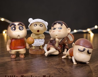 Wooden Cartoon Boy Figurine Set, Kimono Style Desk Toy Car Ornament