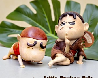 Wooden Cartoon Boy Figurine Set, Kimono Style Desk Toy Car Ornament