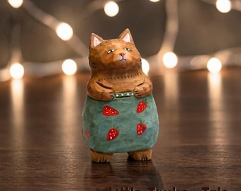 Figurine de chat en bois sculptée à la main, cadeau déco animal en bois de tilleul
