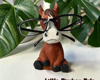 Hand Carved Wooden Horse Eyeglass Holder, Glasses Stand, Desk Decor Gift