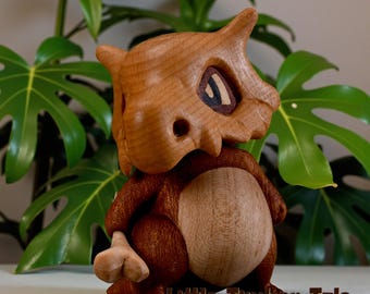 Natural Wood Pokémon Sculpture - Desk Collectible Gift Handcrafted Wooden Cubone Dinosaur Figurine