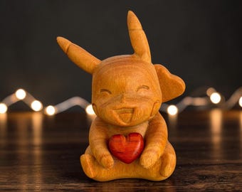 Pokemon Anime Decor, Gamer Gift, Desk Collectible Display Shelf Hand Carved Wooden Pikachu Figurine
