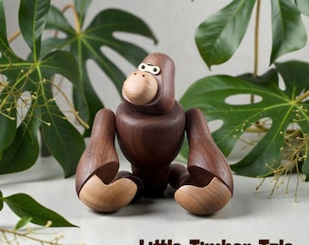 Handcrafted Walnut Wood Gorilla Figurine, Movable Limbs, Modern Animal Decor