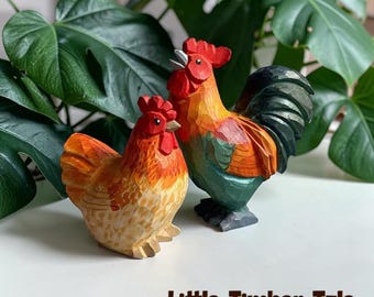 Hand Carved Wooden Rooster Hen Figurine Farmhouse Chicken Decor Rustic Kitchen Table Ornament