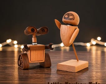 Hand Carved Wooden Robot Couple Figurine, Solid Wood Desk Decor Gift