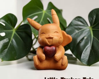 Pokemon Anime Decor, Gamer Gift, Desk Collectible Display Shelf Hand Carved Wooden Pikachu Figurine,