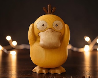 Anime Desk Decor, Wood Pokemon Collectible Art Handmade Boxwood Psyduck Figurine Pokemon Lover Gift