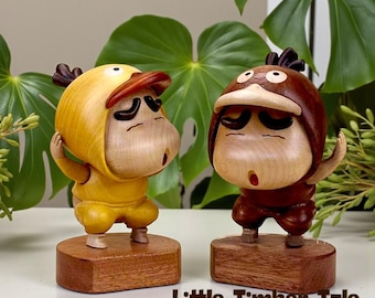 Solid Wood Cartoon Figurine, Handmade Kimono Style Desk Ornament, Nostalgic Gift