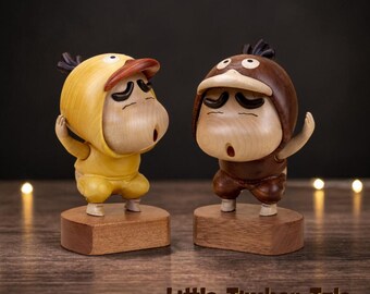 Solid Wood Cartoon Figurine, Handmade Kimono Style Desk Ornament, Nostalgic Gift