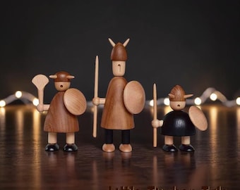 Nordic Wooden Viking Figurine Set, Scandinavian Desk Decor, Handmade Norse Home Ornament