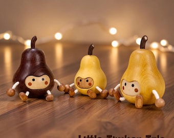 Wooden Pear Couple Figurine: Hand-in-Hand Carved Wood Desk Decor Ornament