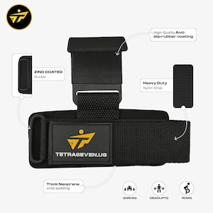 May include: Black weightlifting straps with a zinc-coated buckle, heavy-duty nylon strap, and thick neoprene wrist padding. The straps feature the text "TETRASEVEN.US" and are designed for shrugs, deadlifts, and rows.