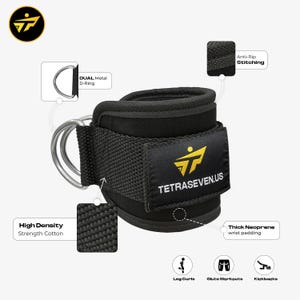 May include: Black ankle straps with dual metal D-rings, high-density strength cotton, and thick neoprene wrist padding. Features anti-rip stitching and the text "TETRASEVEN.US". Designed for leg curls, glute workouts, and kickbacks.
