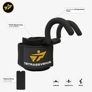 May include: Black weightlifting hooks with thick neoprene wrist padding and heavy-duty nylon strap. The hooks are anti-rust and feature the text "TETRASEVEN.US". The product is designed for shrugs, deadlifts, and rows.