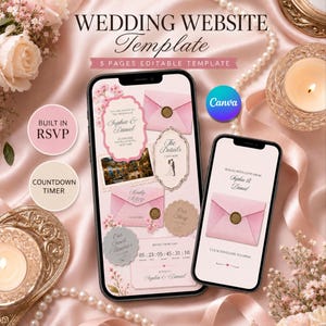 May include: A digital wedding website template displayed on two smartphones, featuring pink envelopes with wax seals, floral accents, and text including "Wedding Website Template," "5 Pages Editable Template," "Built In RSVP," and "Countdown Timer."