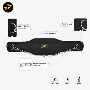 Puede incluir: Cinturón de halterofilia negro con cadena y hebilla de acero. Incluye costuras reforzadas y acolchado cómodo. El cinturón tiene el texto "TETRABEVENUS" e iconos para dominadas, fondos y remo.