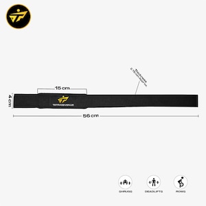 May include: Black weightlifting strap with a gold logo and the text "TETRASEVENUS.US". The strap is 56 cm long, 4 cm wide, and 2.75 mm thick. It is designed for shrugs, deadlifts, and rows.