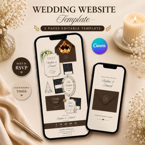 Op de afbeelding: Een trouwwebsite-sjabloon weergegeven op twee smartphones, met een bewerkbaar ontwerp van 5 pagina's in bruin- en crèmetinten. De schermen tonen uitnodigingsdetails, een RSVP-formulier, een afteltimer en een digitale envelopafbeelding.